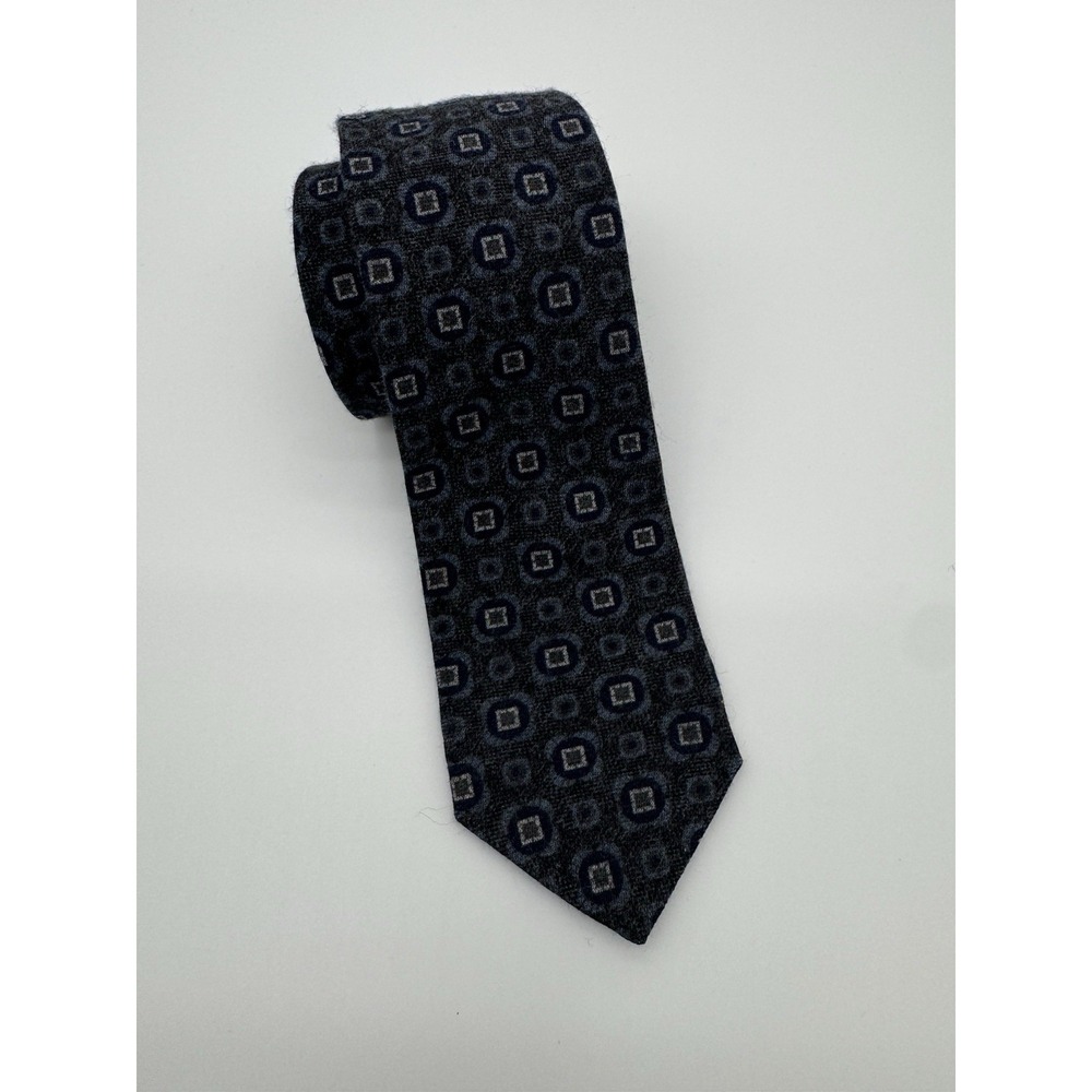 Pavesi Italy Wool Tie‎ Gray Blue Geometric Squares Pattern Textured Necktie